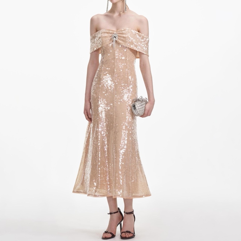 Self-Portrait Gold Sequin Off Shoulder Midi Dress Size 6 NWT Formal Party